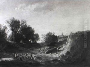 Schafer Mit Kleiner Herde Im Sandgrube Am Waldrand by Fritz Halberg-Krauss