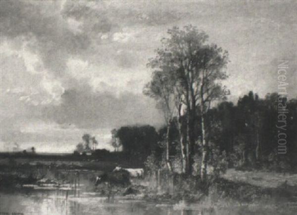 Herbstliche Moorlandschaft Mit Kuhen In Einem Weiher - view 1