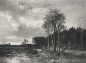 Herbstliche Moorlandschaft Mit Kuhen In Einem Weiher