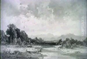 Voralpenlandschaft Mit Einem Flusslauf Vorn Voralpenlandschaft Mit Einem Flusslauf Vorn