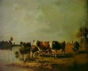 Kuhe An Der Tranke by Fritz Halberg-Krauss