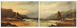 Ships Unloading At Shore, And Ship Among Rocky Waters