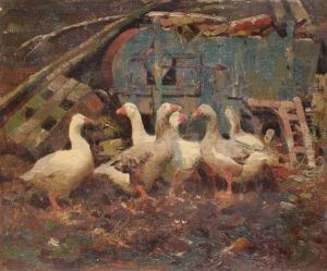 Geese In Barnyard by Frederick Hall