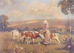 Feeding Time; A Milkmaid Feeding Calves In A Paddock