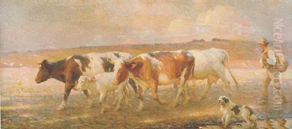 A Golden Evening, Cattle And Cowman With A Dog In The Lambourn Valley by Frederick Hall