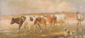 A Golden Evening, Cattle And Cowman With A Dog In The Lambourn Valley by Frederick Hall