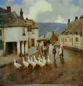 A Gaggle Of Geese Outside The Greyhound Inn,corfe Castle, Dorset by Frederick Hall