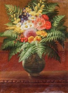 Still Life Of Flowers And Ferns In A Ceramic Jar On A Table