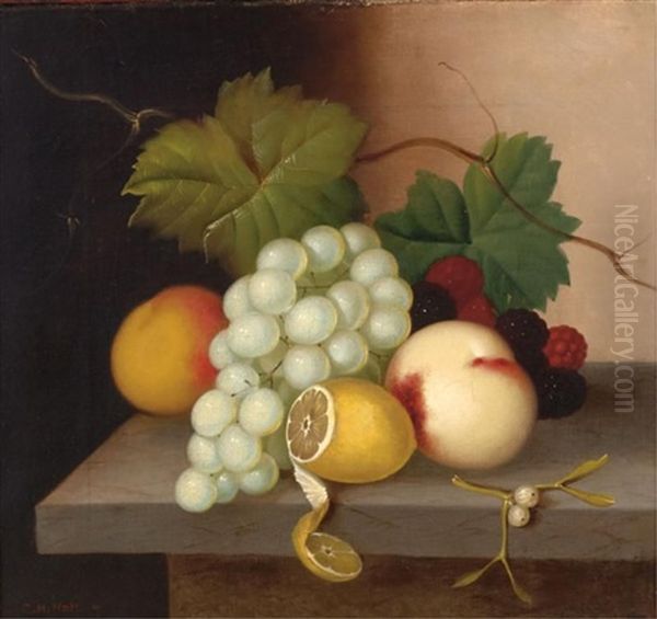 Still Life With Grapes, Peaches, Raspberries, Blackberries, And A Lemon On A Stone Ledge - view 1