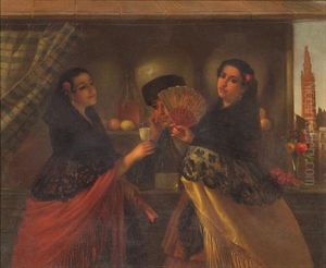 Ladies In Traditional Sevillan Dress At A Vendor's Stall With The Giralda Tower Of Seville Beyond by George Henry Hall