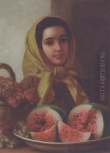 Young Woman With Watermelon And Grapes