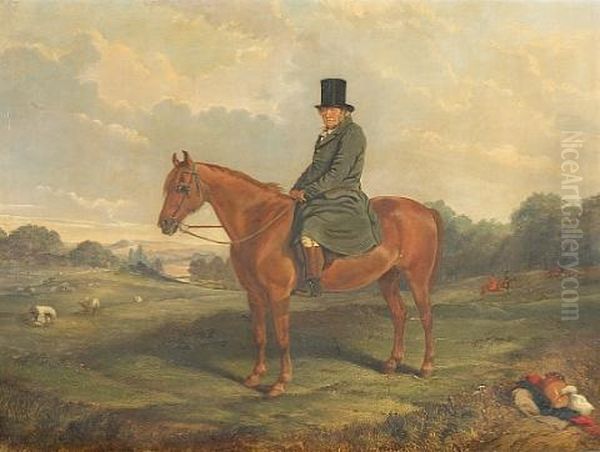 A Gentleman Seated On His Chestnut Horse In An Extensive Landscape With Figures Hunting Beyond - view 1