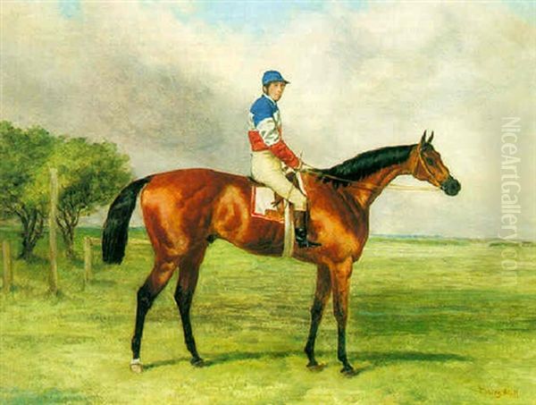 Mr. T. Lombard's Bay Racehorse With Jockey Up In A Landscape - view 1