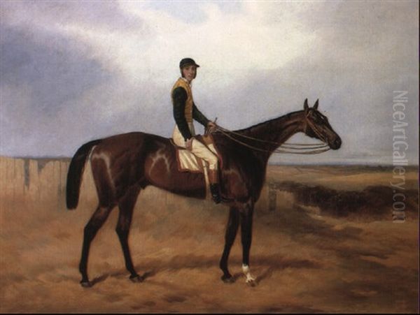 Mr. Sylvester's Dark Bay Racehorse With Jockey In An Extensive Landscape - view 1