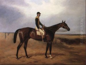 Mr. Sylvester's Dark Bay Racehorse With Jockey In An Extensive Landscape by Harry Hall