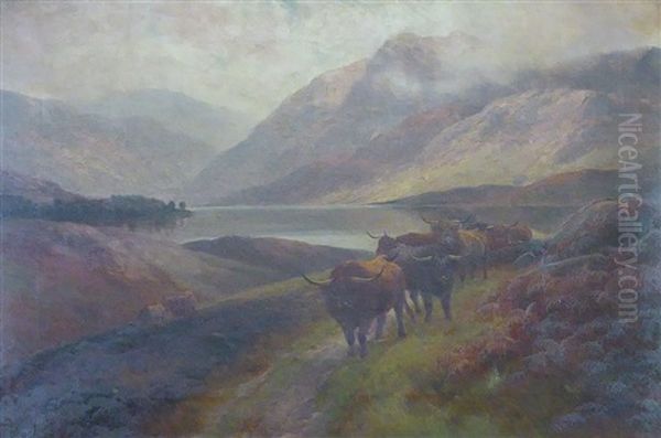 Highland Cattle In A Misty River Landscape 'loch Katrine' - view 1