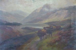 Highland Cattle In A Misty River Landscape 'loch Katrine'
