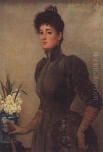 Portrait Of A Lady Standing By A Vase Of Flowers