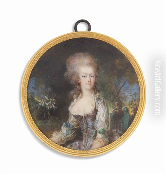 Marie-antoinette (1755-1793), Queen Of France 1774-1792, Seated On A Green Wooden Chair In A Floral Woodland Landscape, Wearing Mauve Dress Over White Shift, The Sleeves Adorned With Green Ribbons - view 1