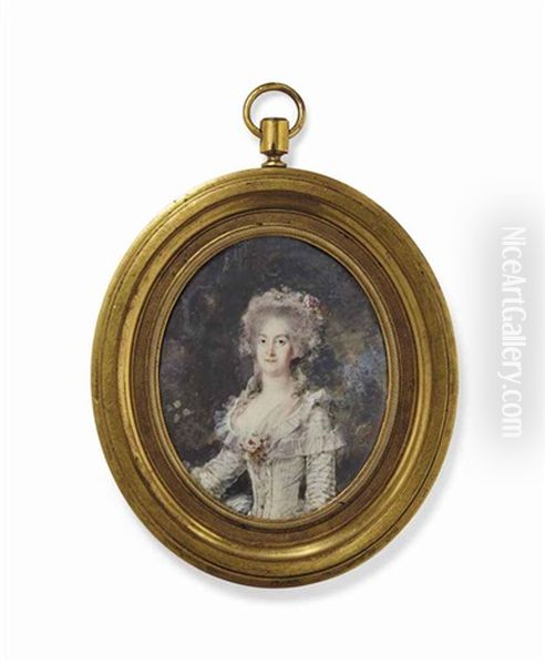 Portrait De La Vicomtesse De Bussiere En Costume Rose Et Gris, Un Fichu Sur Les Epaules, Devant Un Fond Boise Et Fleuri - view 1