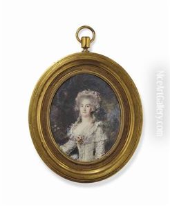 Portrait De La Vicomtesse De Bussiere En Costume Rose Et Gris, Un Fichu Sur Les Epaules, Devant Un Fond Boise Et Fleuri by Pierre Adolphe Hall