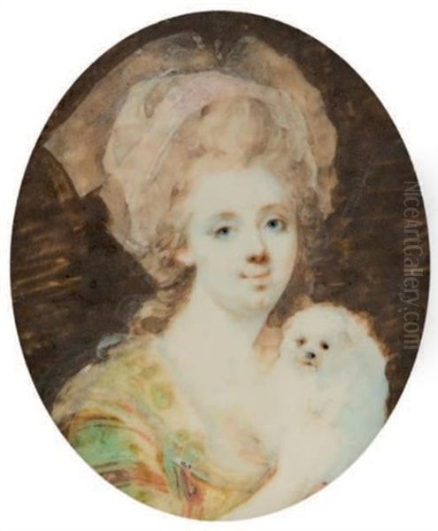 Jeune Femme En Robe Verte Rayee Orange, Une Main Visible Tenant Un Petit Chien - view 1