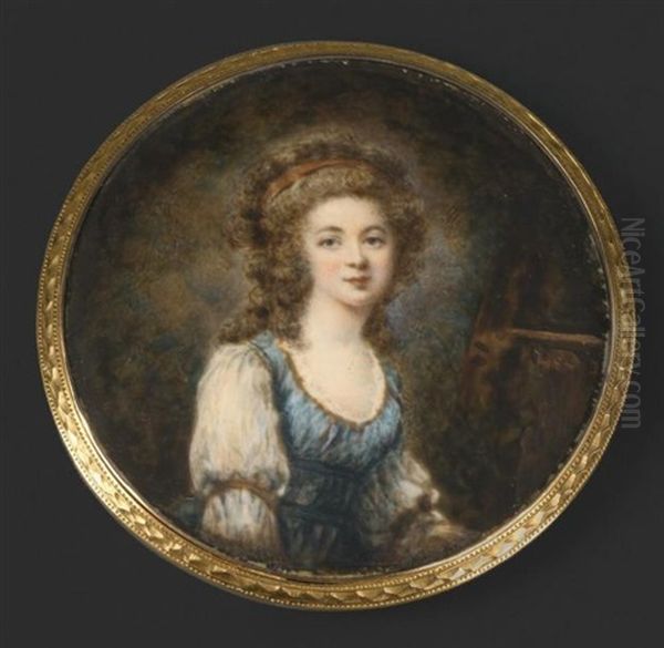 Portrait De Jeune Femme En Robe De Soie Bleue Et Manches De Voile Blanc, La Chevelure Relevee Attachee Par Un Ruban Rouge Et Retombant Sur Les Epaules, Fond De Paysage - view 1