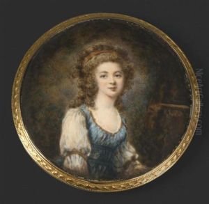 Portrait De Jeune Femme En Robe De Soie Bleue Et Manches De Voile Blanc, La Chevelure Relevee Attachee Par Un Ruban Rouge Et Retombant Sur Les Epaules, Fond De Paysage