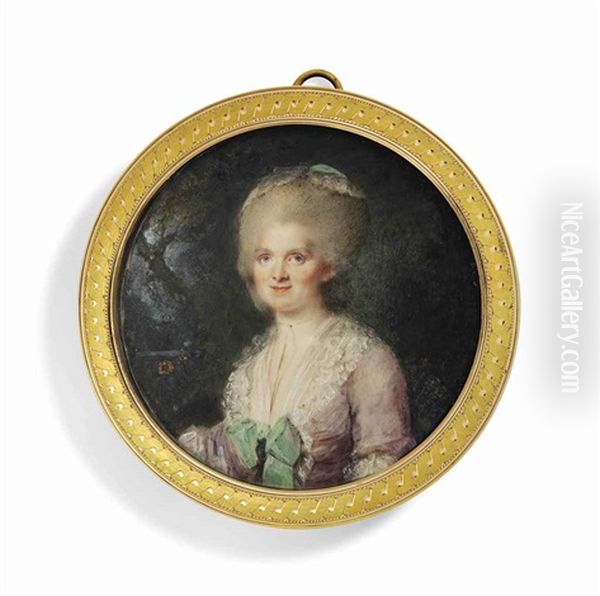 Marquise D'autichamp, In Lilac Dress With White Lace Fichu, Peppermint Green Bow At Corsage, Fine Necklace, Her Upswept Powdered Hair Dressed With A Lace Cap; Woodland Landscape Background - view 1