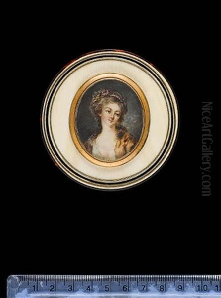 A Lady, Wearing Yellow Robe Open To Reveal White Underslip, A Ribbon, Rose And Flowers In Her Powdered Hair - view 1
