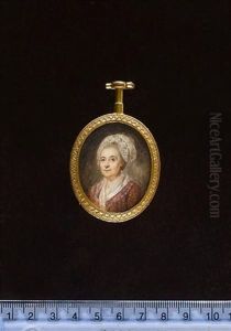 A Lady, Called Mme. Geoffrin, Wearing Brown Dress Decorated With Multicoloured Spots, White Lace Collar, White Fichu And Matching Bonnet With Blue Ribbon Tie