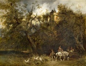 Eine Grose Waldlandschaft Zu Fusen Einer Burganlage Mit Jagern Im Stil Des 16. Jahrhunderts Zu Pferde