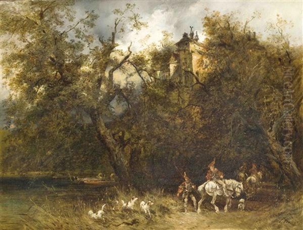 Grose Waldlandschaft Zu Fusen Einer Burganlage Mit Jagern Im Stil Des 16. Jahrhunderts Zu Pferde - view 1