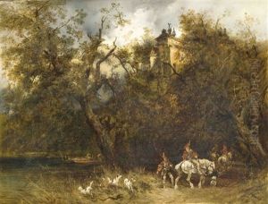 Grose Waldlandschaft Zu Fusen Einer Burganlage Mit Jagern Im Stil Des 16. Jahrhunderts Zu Pferde
