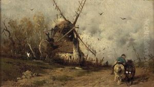 2 Bilder: A) Windmuhle Mit Reiter B) Bauer Mit Pferden Bei Madchen Am Backhauschen