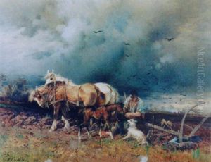 Rastender Bauer Auf Dem Felde Mit Pferden Und Hund
