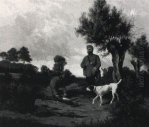 Zwei Jager Mit Hunden Und Erlegtem Hasen Vor Weiter Landschaft