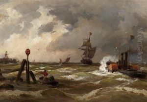Schiffe In Rauher See An Der Kuste Vor Bremerhaven by Albert Halle