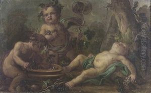 Drei Putti In Einem Weinberg by Claude Guy Halle