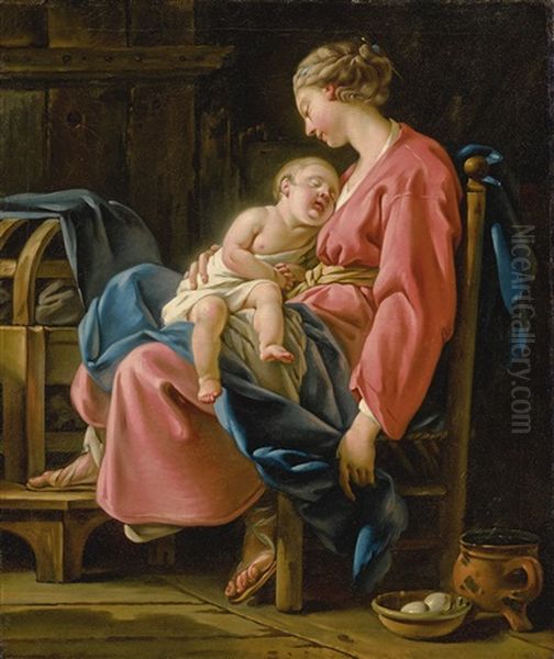 A Mother With Her Child Asleep On Her Lap In An Interior - view 1