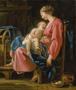A Mother With Her Child Asleep On Her Lap In An Interior by Noel Halle