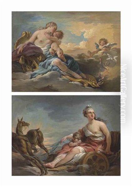 Venus And Cupid In A Chariot Drawn By Doves, With A Putto; And Diana And Cupid In A Chariot Drawn By Stags (pair) - view 1