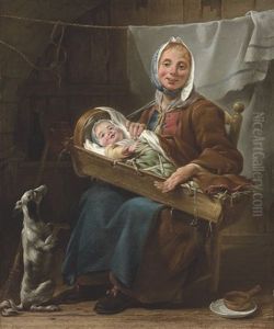 Une Savoyarde, A Mother And Child With A Dog In An Interior by Noel Halle
