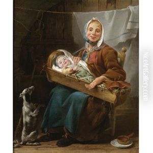 A Portrait Of A Woman, Said To Be Genevieve Lorry, Dressed As A Savoyarde, Holding A Child In A Crib, Sitting In A Courtyard, Together With A Dog A Portrait Of A Woman, Said To Be Genevieve Lorry, Dressed As A Savoyarde, Holding A Child In A Crib, Sitting In A Courtyard, Together With A Dog