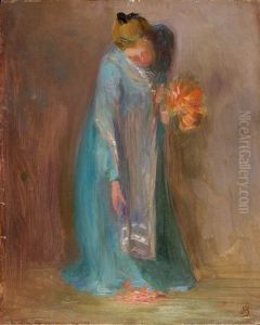 Dame In Blauem Kleid Mit Feuerlilienbouquet Dame In Blauem Kleid Mit Feuerlilienbouquet