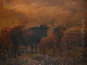 Highland Cattle In A Landscape by Charles Edwin M. Baldock