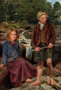 Two Highland Children By A Scottish Stream by Michael Frederick Halliday
