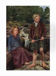 Two Highland Children By A Scottish Stream by Michael Frederick Halliday