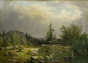Insjolandskap Med Fiskande Man by Carl Hallstroem