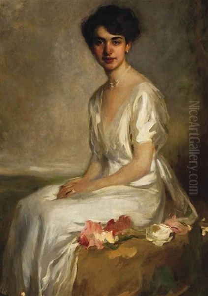 Portrait Of An Elegant Young Woman Dressed In White - view 1